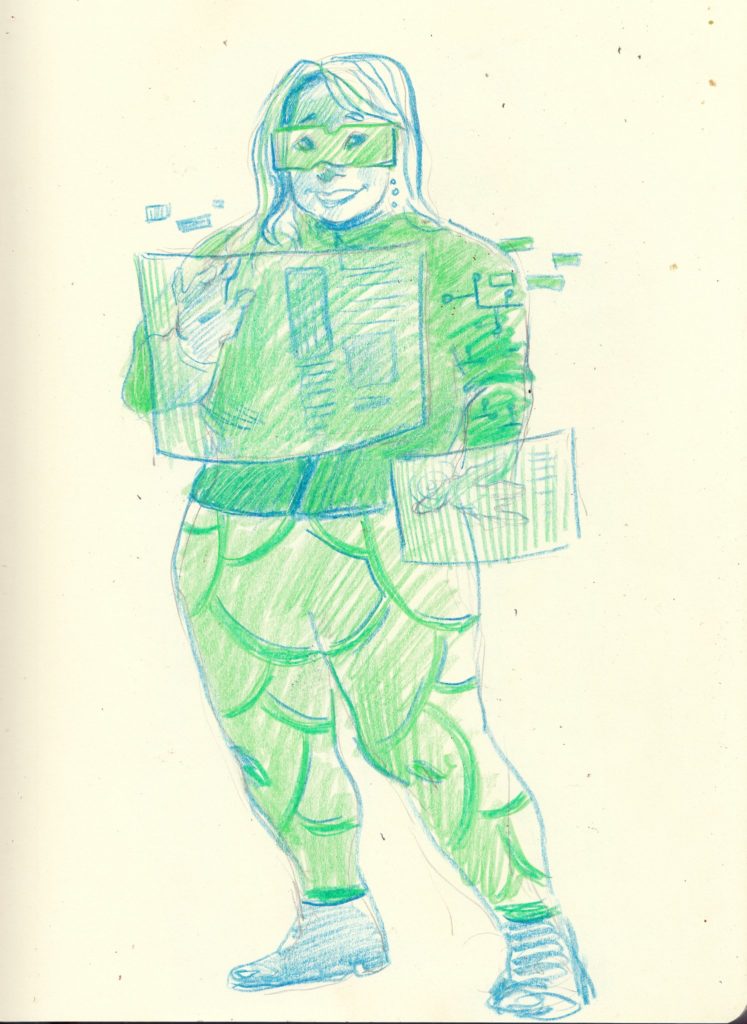Sketch of a person wearing safety goggles studying multiple computer screen holograms that hover in front of them. Sketch is in blue and green pencil. The person is smiling. 