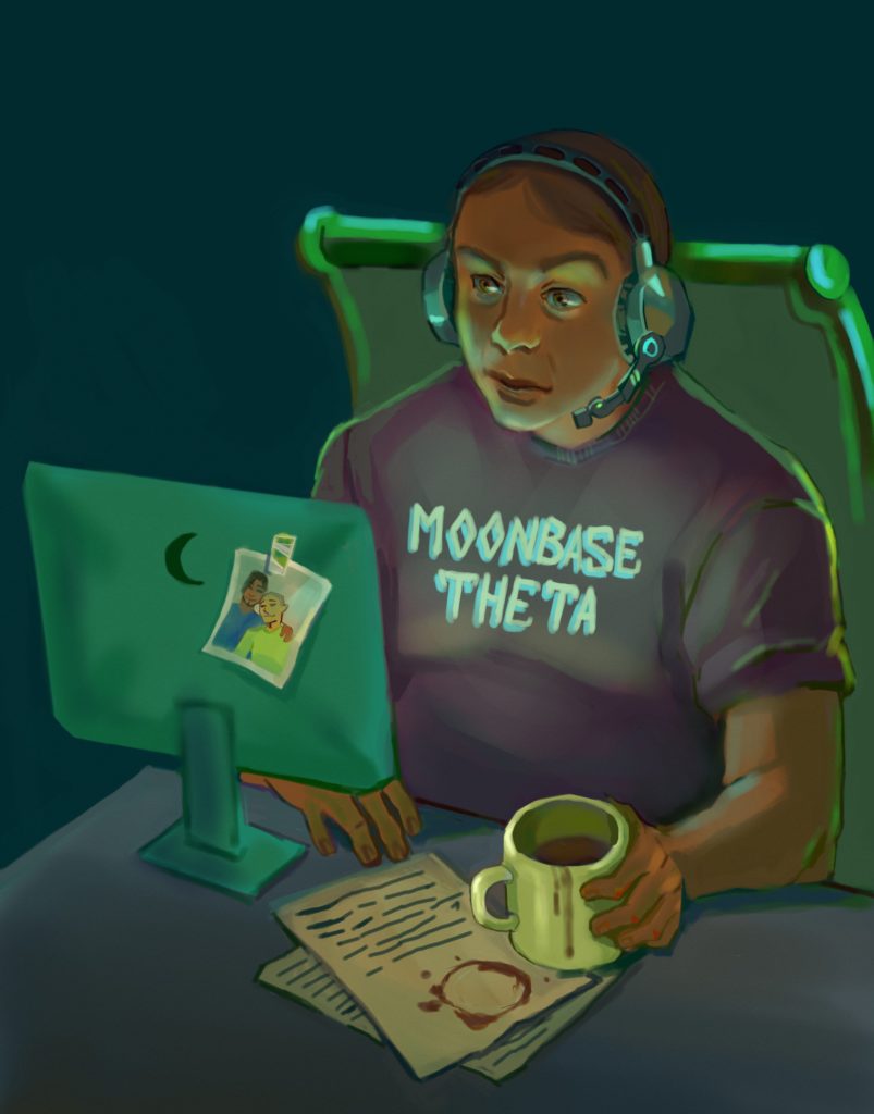 Digital painting of a person sitting in a chair in front of their computer screen, wearing headphones and a Moonbase Theta t-shirt. They are holding a coffee cup that has leaked and left rings on pieces of paper that sit on their desk. On the back of the monitor held on with tape is a photo of two people looking at the camera and smiling.