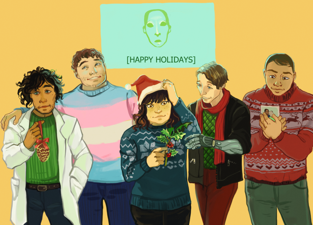 A digital painting of five members of the Moonbase Theta crew in holiday sweaters, lined up for a group photo. a sign behind them says "Happy Holidays."
