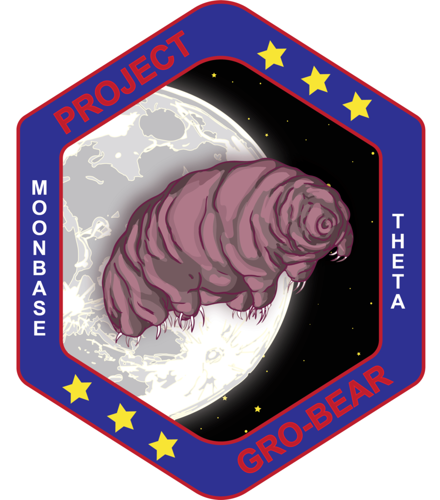Digital art of a pink tardigrade floating in front of a large white moon, with stars in a black background. Image has a thick hexagonal border with writing. Yellow stars appear on the north-east, and south-west sides. Text on the east and west sides says, "Moonbase Theta." Text on the north-west and south-east side says, "Project Gro-Bear."