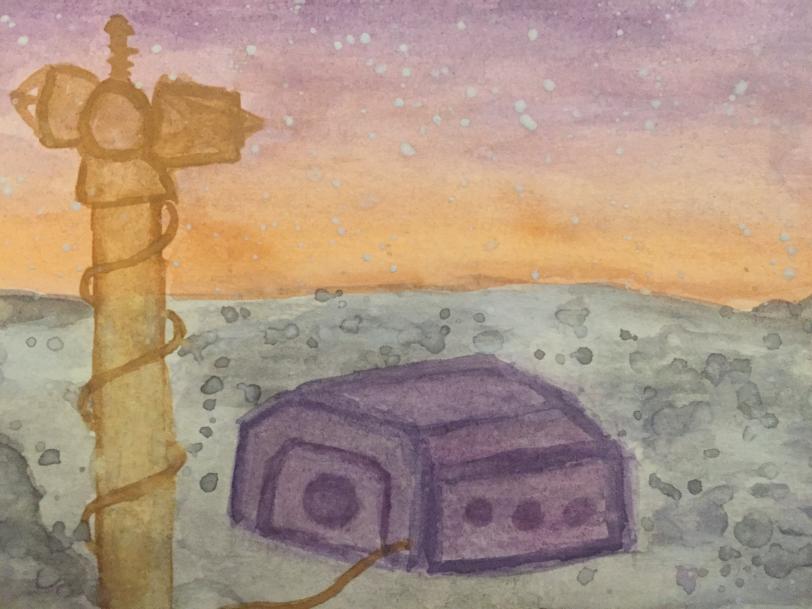 A watercolour version of the MTO logo, with a bunker on the surface of the moon, a comms tower in the foreground, and a colourful sky overhead