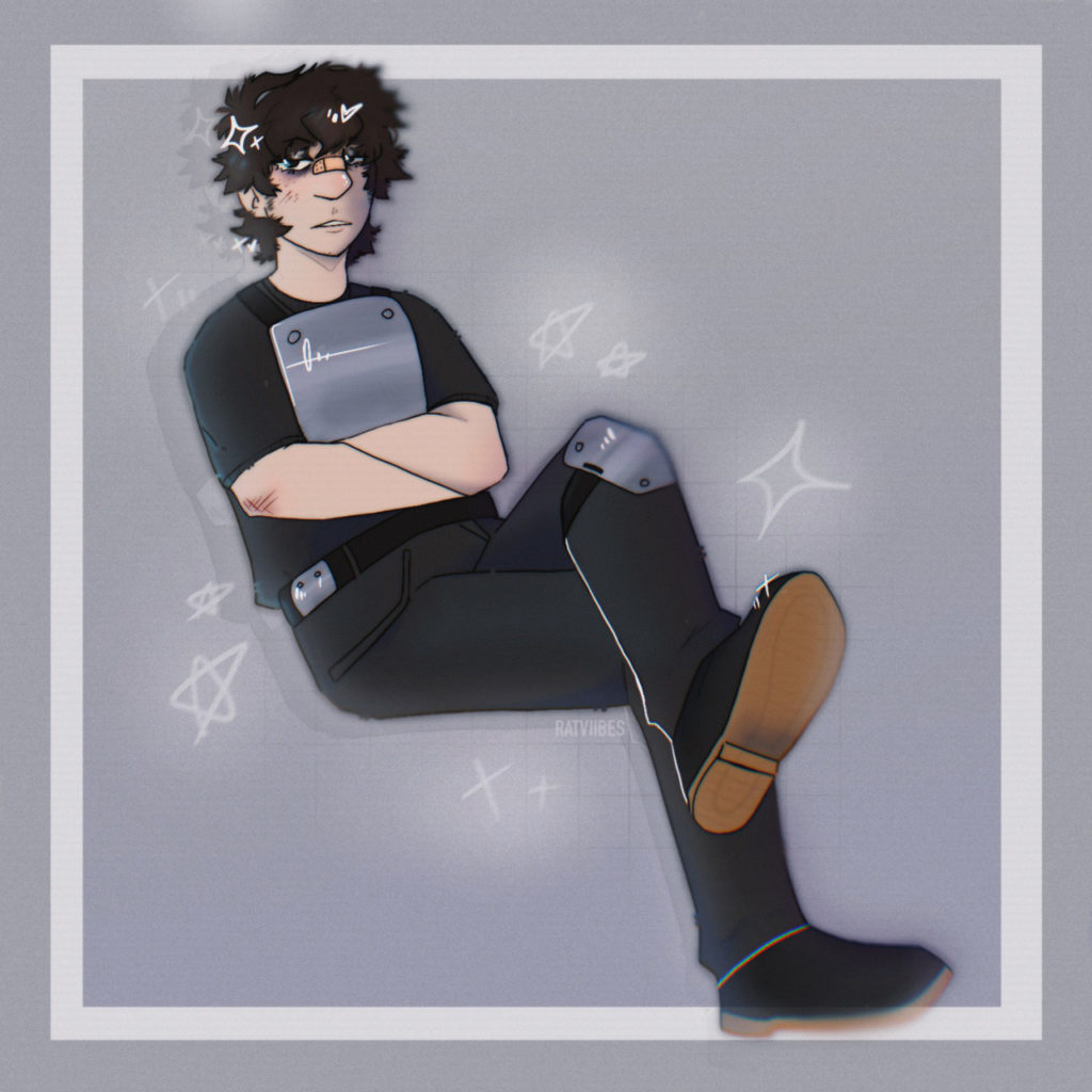 Digital painting of a dark-haired person dressed in a black shirt and black pants that is sitting, one leg crossed over the other, with their arms folded across their chest. They have a metal chest plate and knee pad, and a bandaid across their nose. They are set against a grey background with a light grey border, and are surrounded by stars.