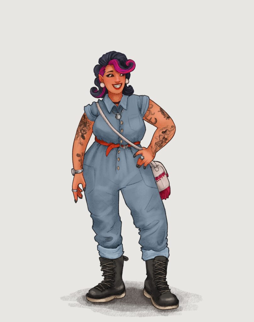 Illustration of a femme non-binary person with black hair and pink / purple streaks, with tattoos adorning their arms. They are wearing a denim coverall with a red belt and big black boots. 
