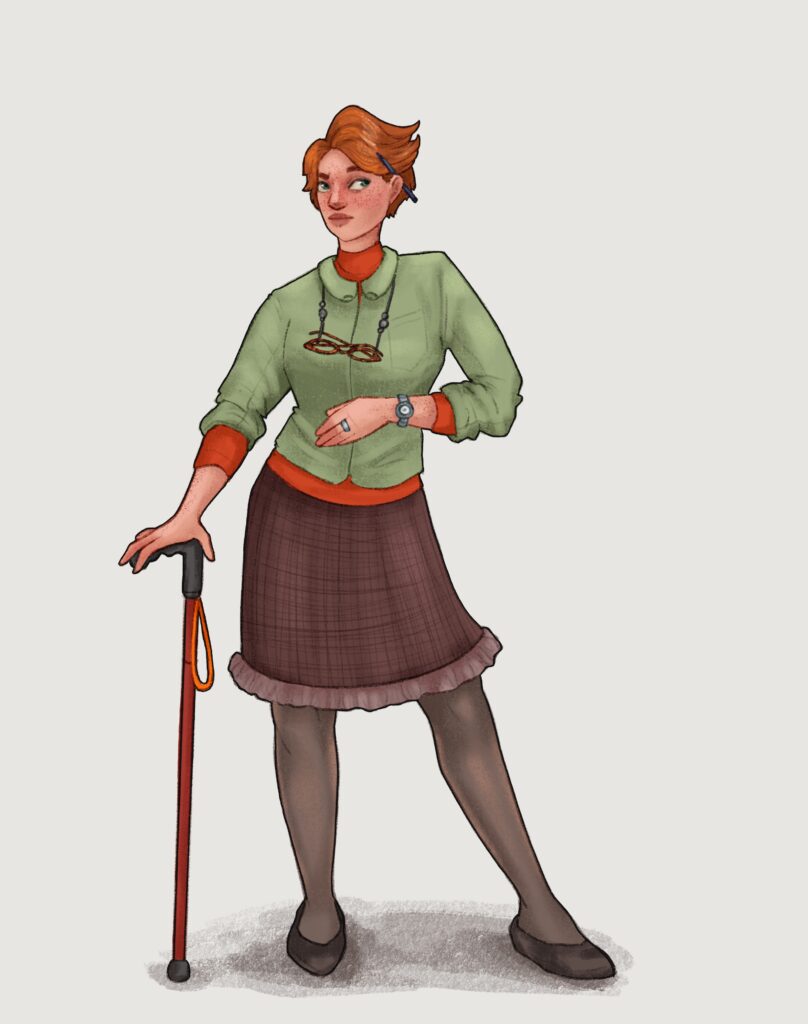 Illustration of a tall woman with short blonde hair and sharp features. She's wearing a sweater and a plaid skirt, with leggings and black pumps. She has a pen behind her ear, glasses on a chain around her neck, and is leaning on a cane. 