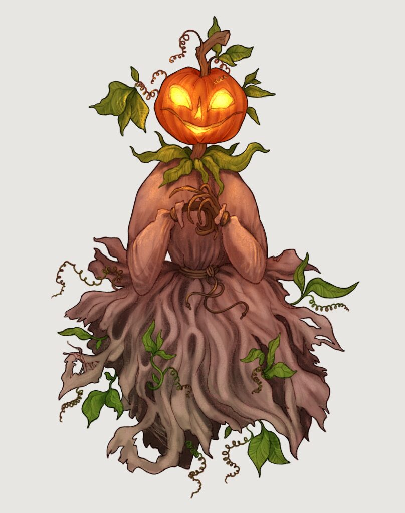 Illustration of Auncle Lantern, a construct monster looking somewhat like a scarecrow, but with flowing tattered robes and no sign of a post beneath. Xir head is a carved pumpkin, but there are vines and leaves around so it seems to still be growing as well. 