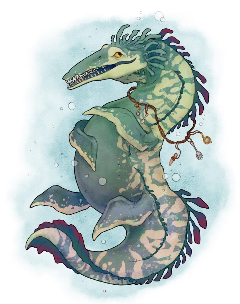 An illustration of Charlene, a large lake / sea monster resembling a pliosaurus, colouring is green and yellowish-green with a few purplish bits. Lots of teeth, but not in a menacing way. She wears a rope around her neck with various trinkets attached.