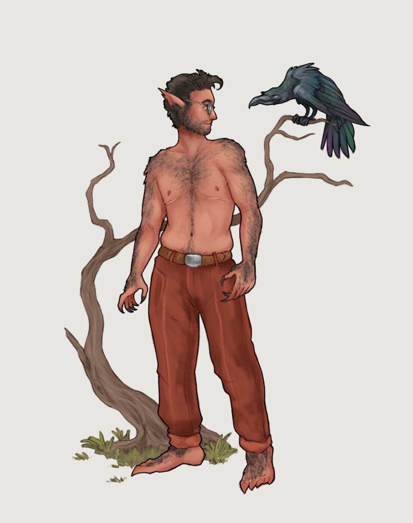 Illustration of Grey, a werewolf mid-transformation, with some wolfy features but still upright, bare-chested (somewhat), and still wearing trousers and glasses. You can see scars on his chest from top surgery in the past. He stands in front of a tree where Raven is perched, looking at him grumpily.